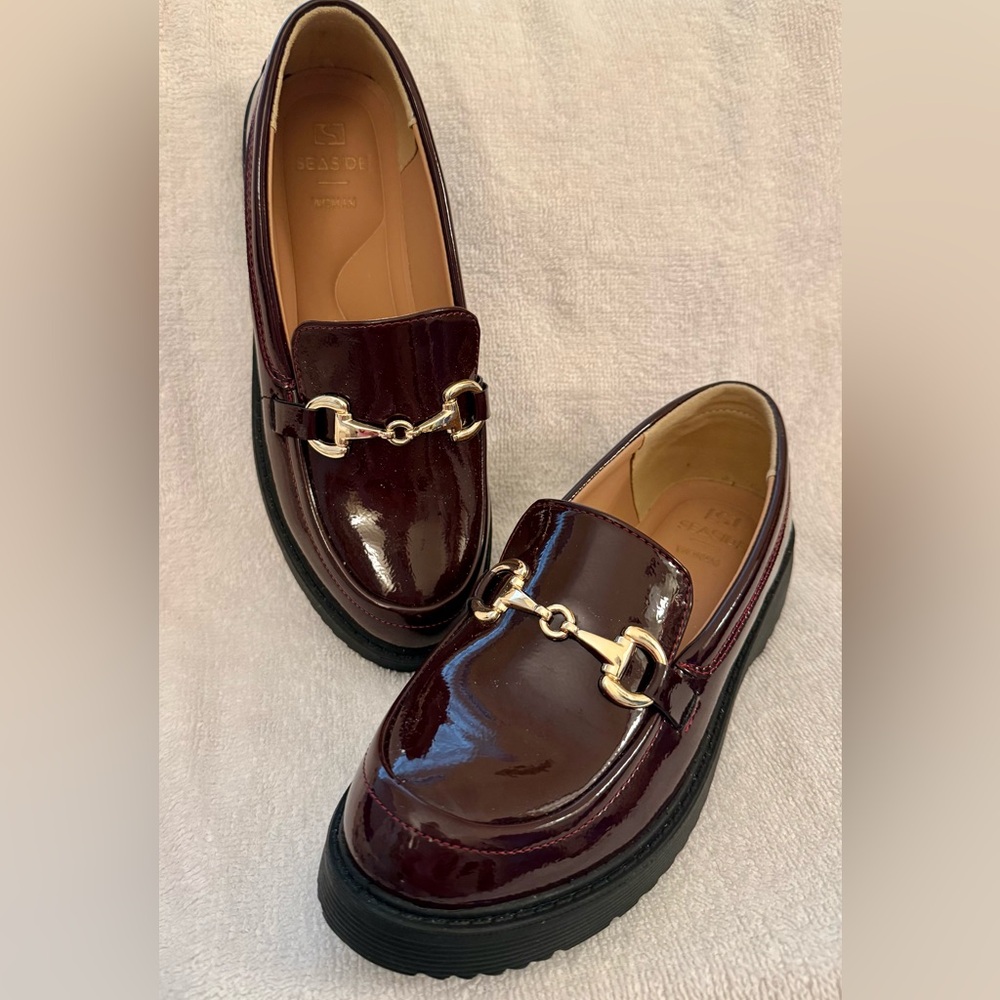 Women's Burgundy Patent Loafers with Gold Bit
